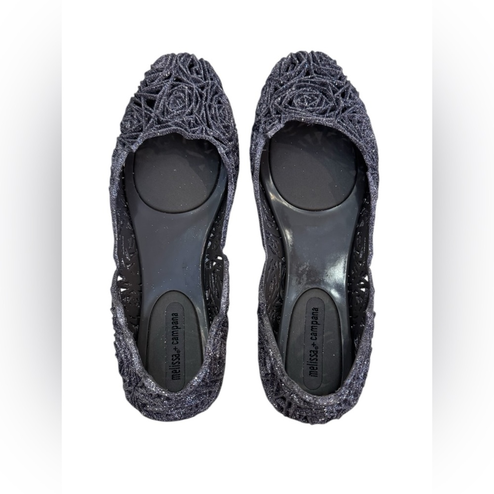 Melissa Campana Rose Jelly Ballet Flats Black Glitter US 7